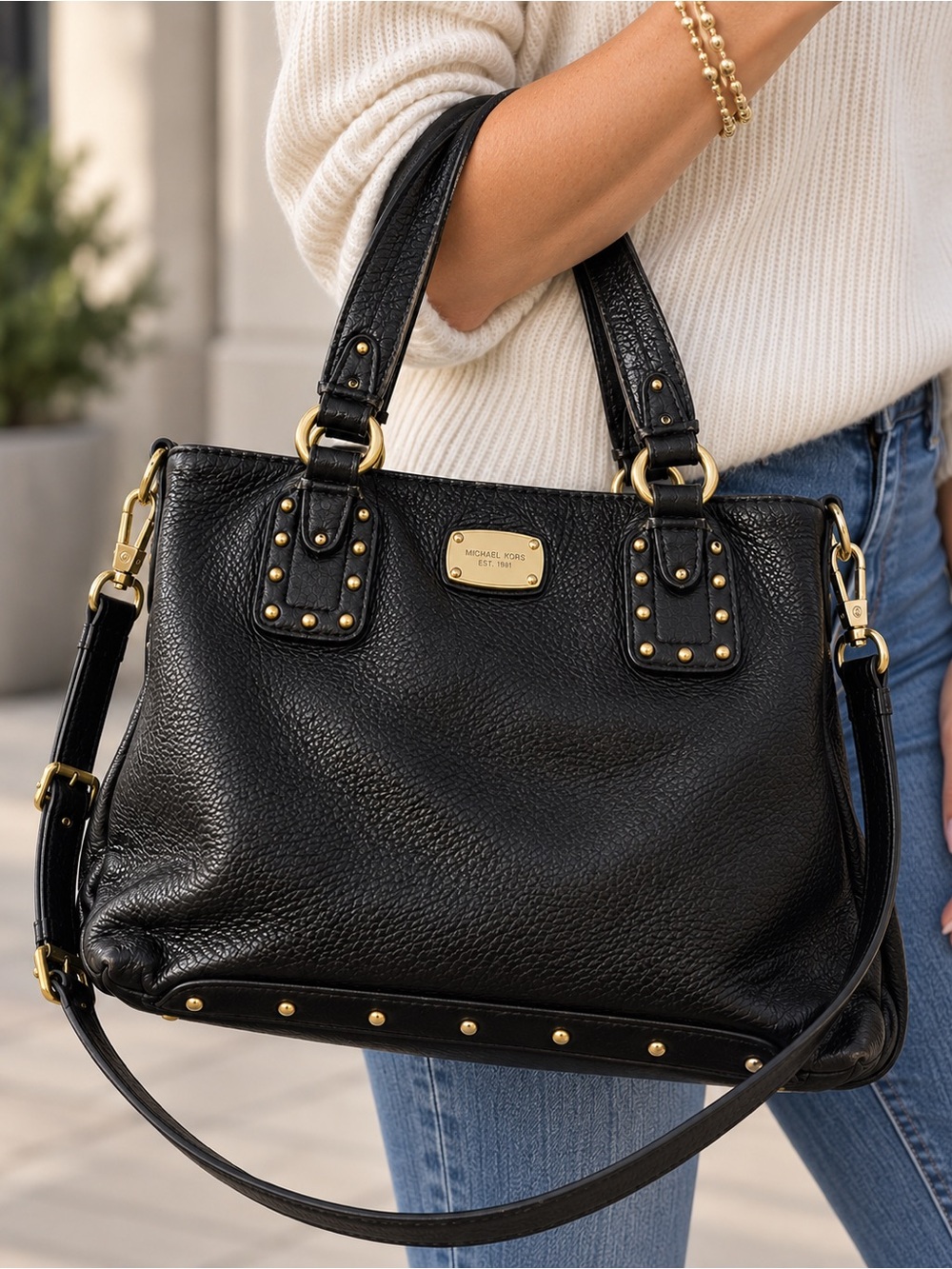 Michael Kors Black Pebbled Leather Satchel Shoulder Bag Gold Studs 38F5CVLT3L
